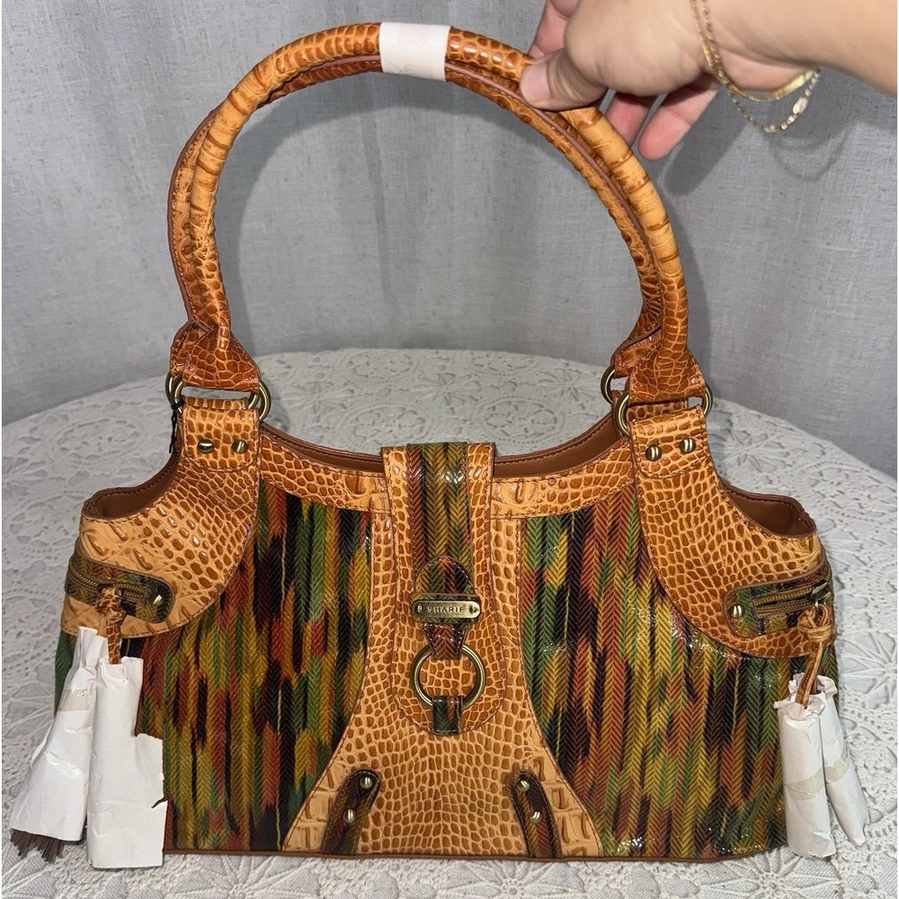 Vtg NWT Sharif Reptile Croc Embossed Leather Purse Earthtones Tassels Handbag